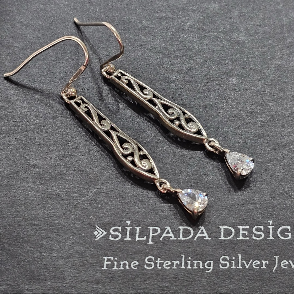 Silpada Silver Filigree Drop CZ Earrings